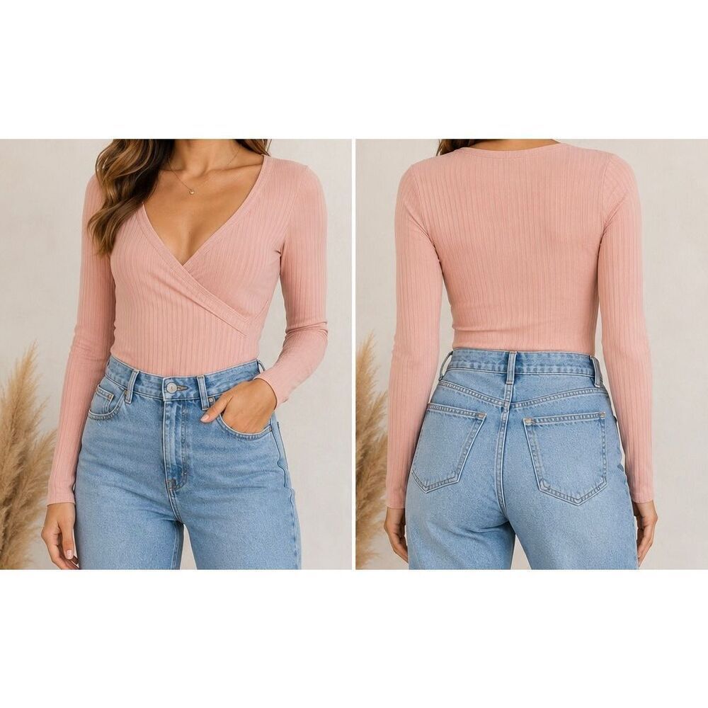 Aerie Ribbed Wrap Bodysuit XS Pink Long Sleeve Ballet Core NWT